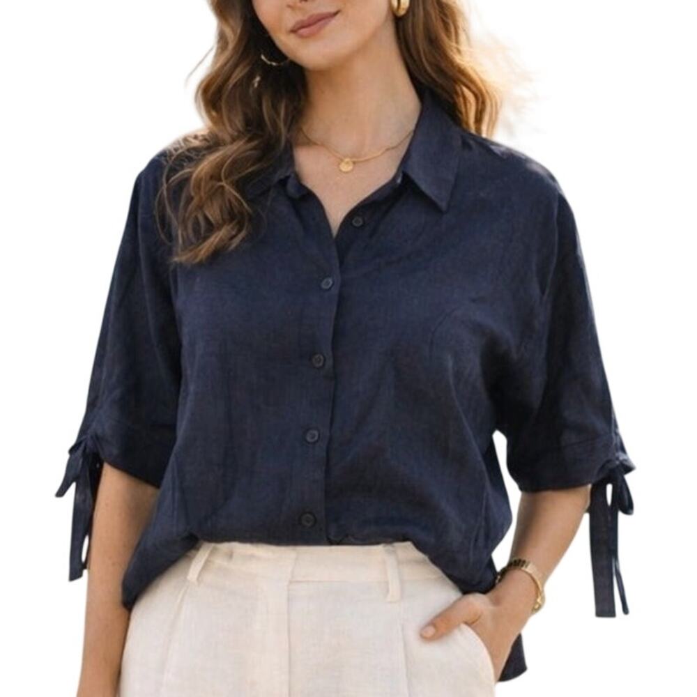 Uchuu Womens Linen Collared Top Oversized Medium Black Organic Lagen Earthy